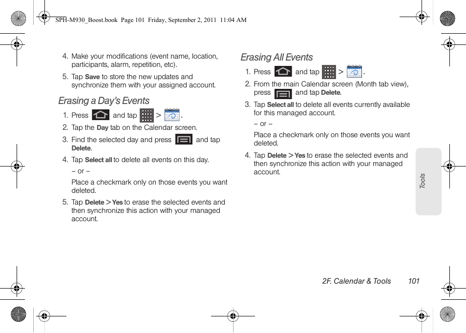 Erasing a day’s events, Erasing all events | Samsung SPH-M930ZKABST User Manual | Page 115 / 227