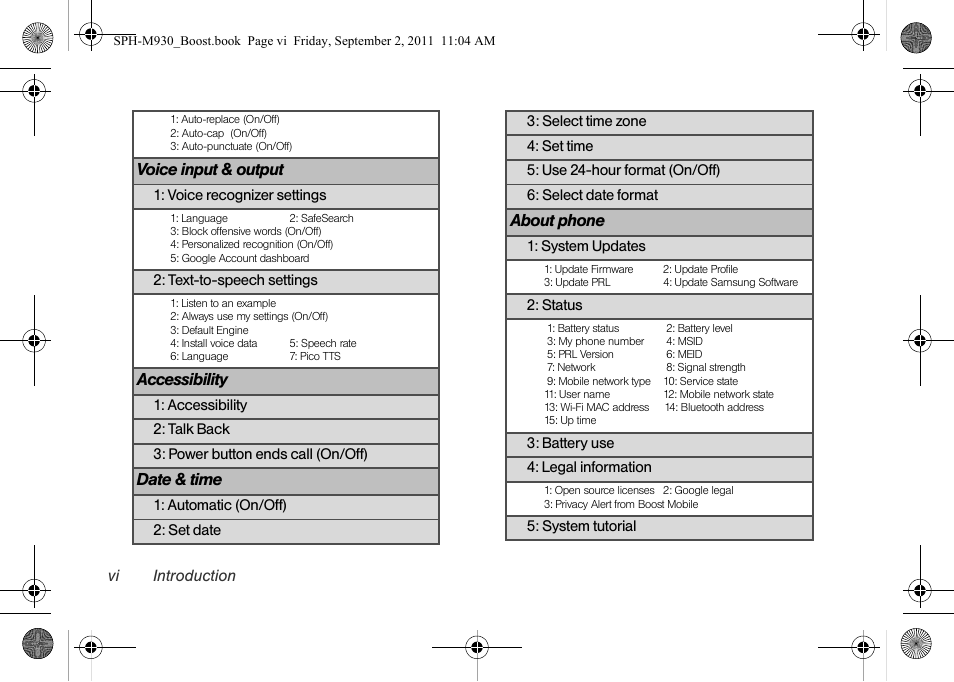 Voice input & output, Accessibility, Date & time | About phone | Samsung SPH-M930ZKABST User Manual | Page 12 / 227