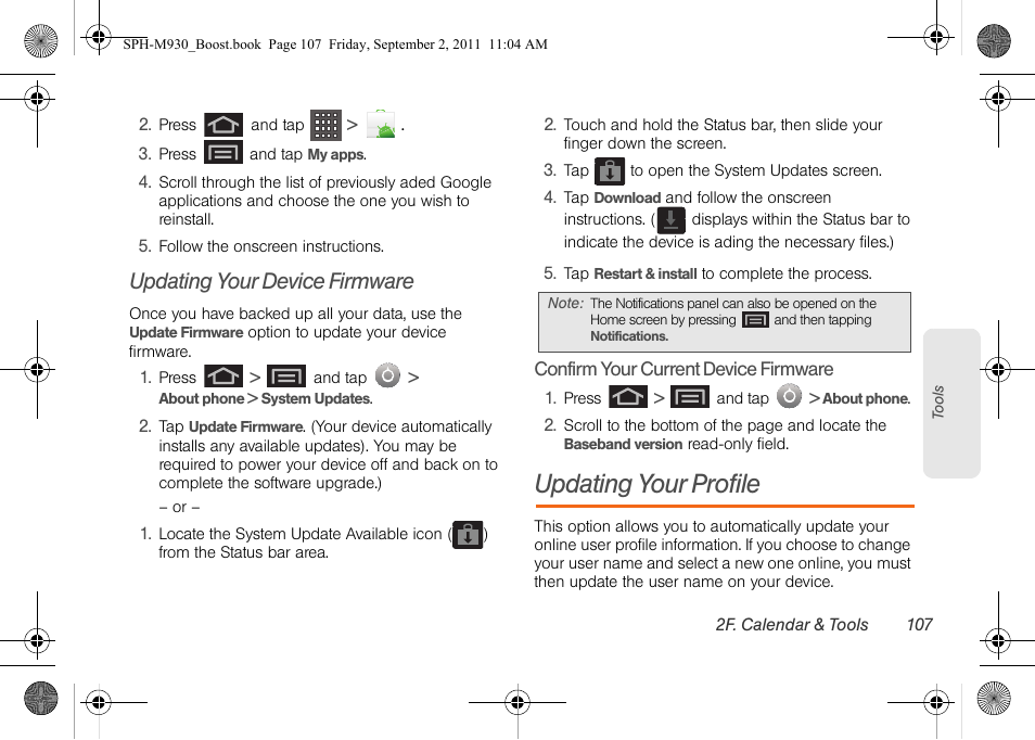 Updating your device firmware, Updating your profile | Samsung SPH-M930ZKABST User Manual | Page 121 / 227