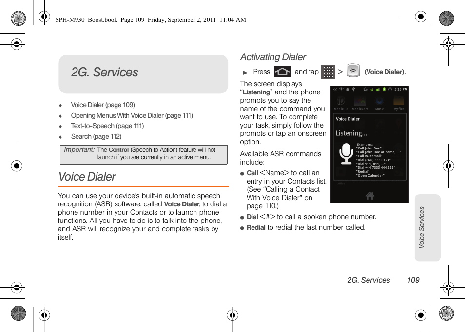 2g. services, Voice dialer, Activating dialer | Samsung SPH-M930ZKABST User Manual | Page 123 / 227