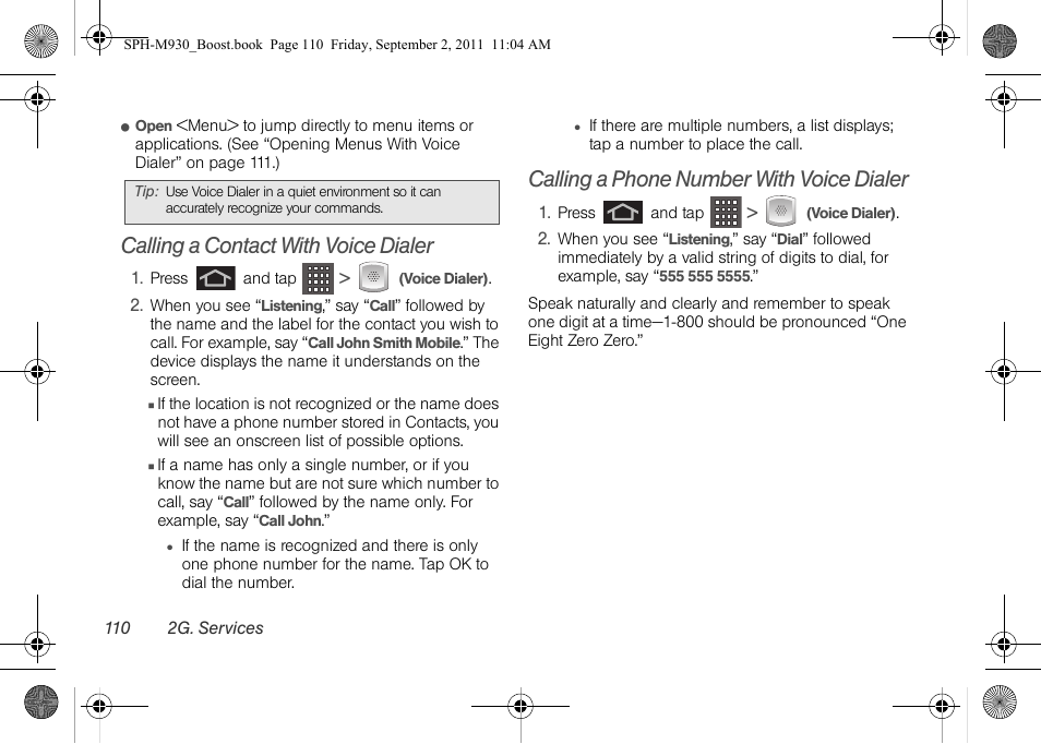 Calling a contact with voice dialer, Calling a phone number with voice dialer | Samsung SPH-M930ZKABST User Manual | Page 124 / 227
