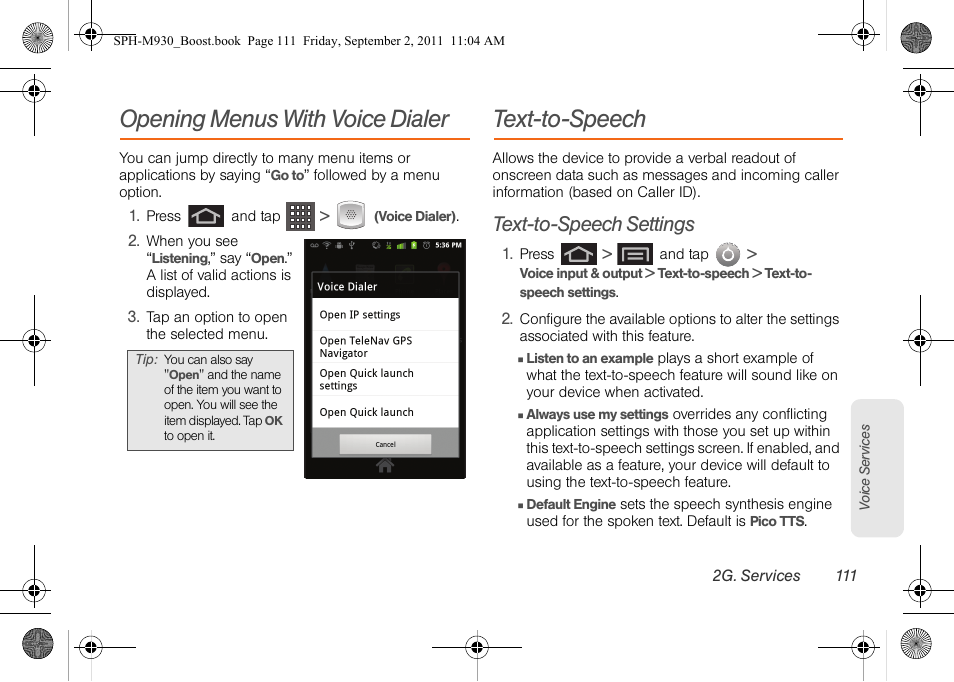 Opening menus with voice dialer, Text-to-speech, Text-to-speech settings | Samsung SPH-M930ZKABST User Manual | Page 125 / 227