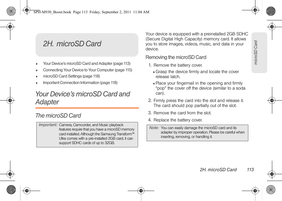 2h. microsd card, Your device’s microsd card and adapter, The microsd card | Samsung SPH-M930ZKABST User Manual | Page 127 / 227