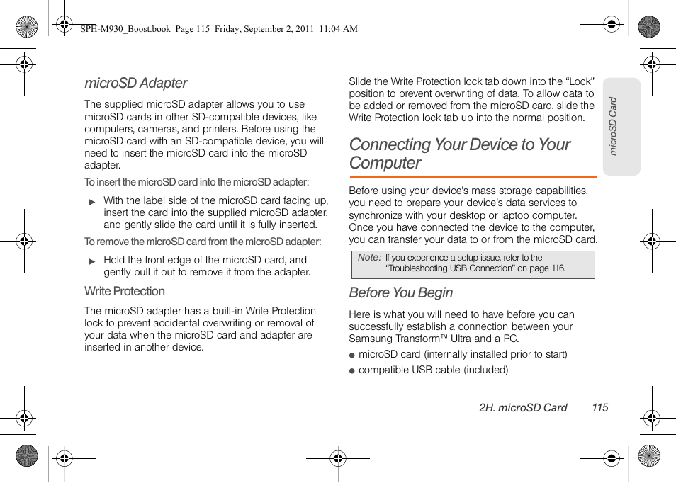 Microsd adapter, Connecting your device to your computer, Before you begin | Samsung SPH-M930ZKABST User Manual | Page 129 / 227