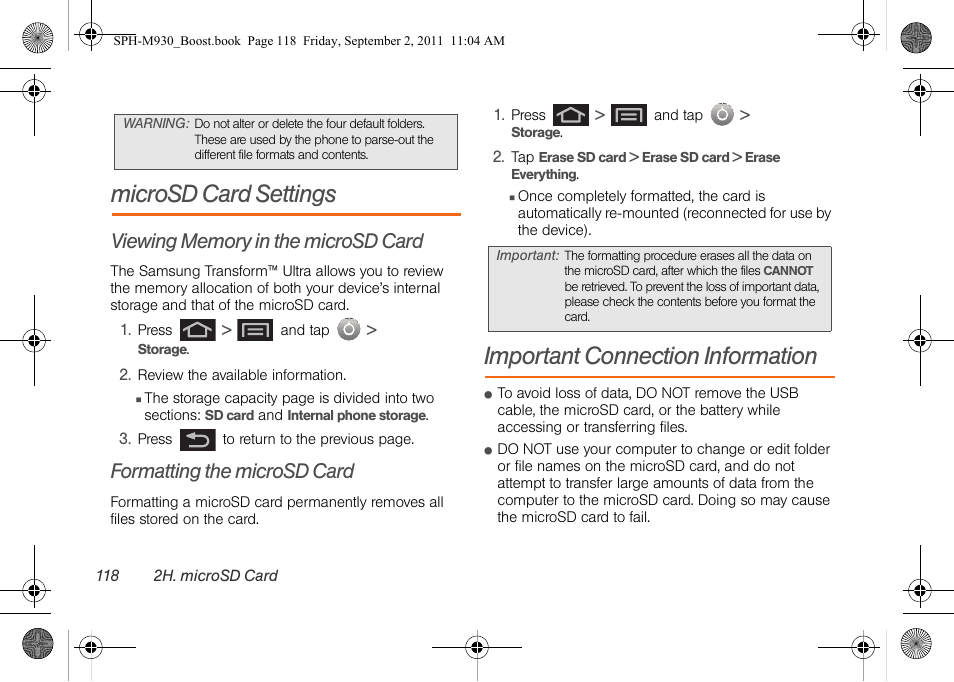 Microsd card settings, Viewing memory in the microsd card, Formatting the microsd card | Important connection information | Samsung SPH-M930ZKABST User Manual | Page 132 / 227