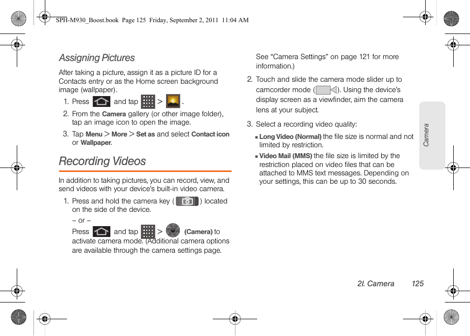 Assigning pictures, Recording videos | Samsung SPH-M930ZKABST User Manual | Page 139 / 227