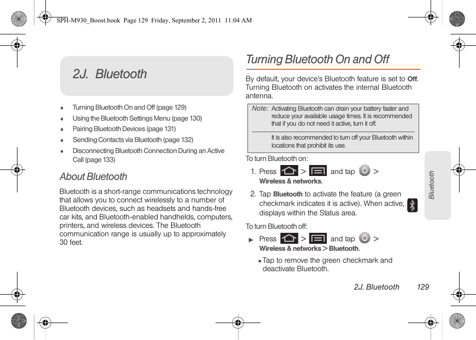 2j. bluetooth, About bluetooth, Turning bluetooth on and off | Samsung SPH-M930ZKABST User Manual | Page 143 / 227