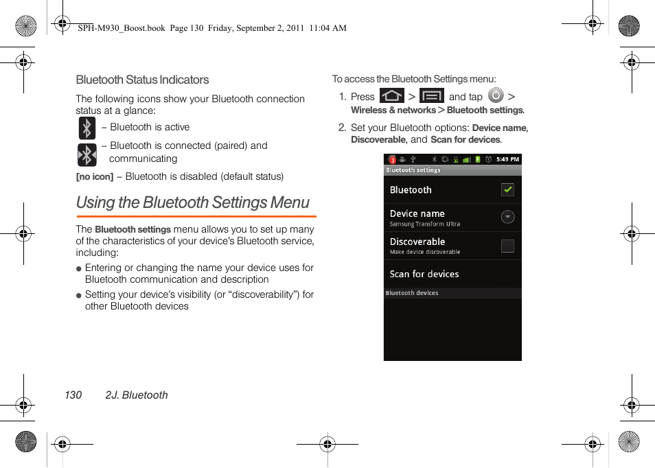 Using the bluetooth settings menu | Samsung SPH-M930ZKABST User Manual | Page 144 / 227