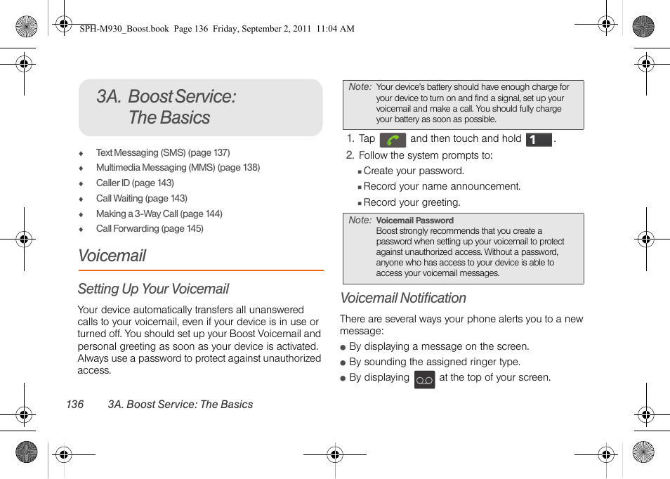 3a. boost service: the basics, Voicemail, Setting up your voicemail | Voicemail notification | Samsung SPH-M930ZKABST User Manual | Page 150 / 227