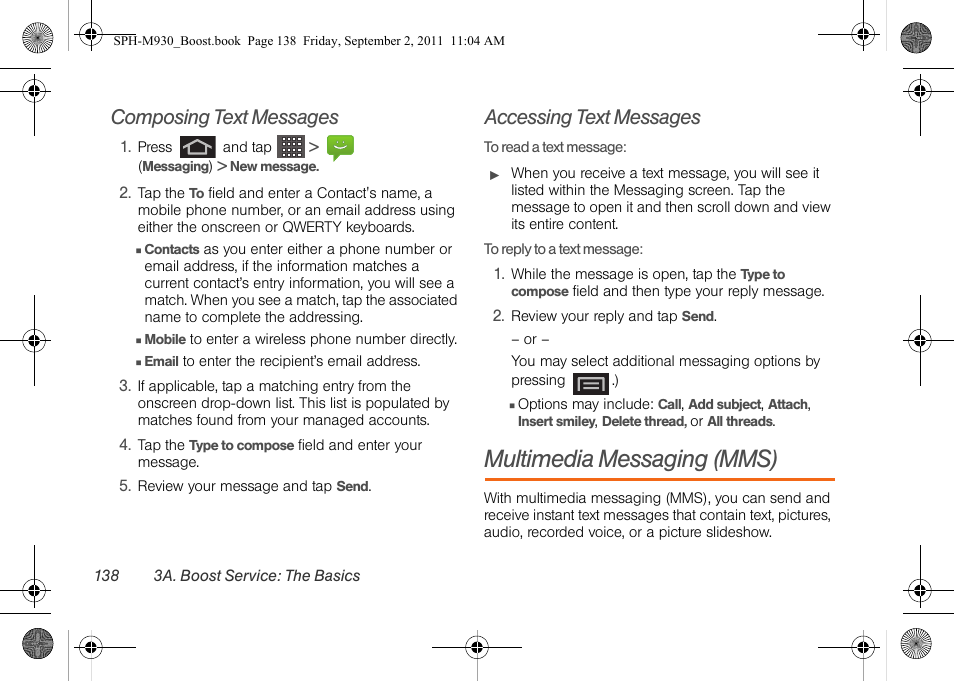 Composing text messages, Accessing text messages, Multimedia messaging (mms) | Samsung SPH-M930ZKABST User Manual | Page 152 / 227