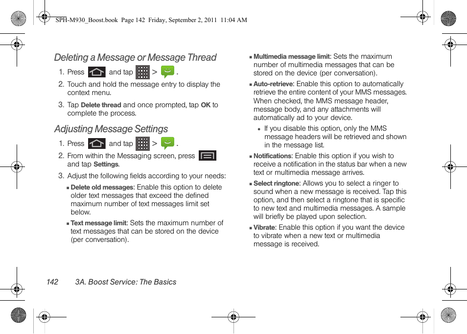 Deleting a message or message thread, Adjusting message settings | Samsung SPH-M930ZKABST User Manual | Page 156 / 227