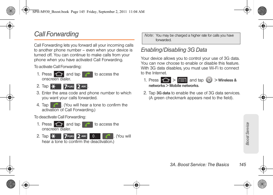 Call forwarding, Enabling/disabling 3g data | Samsung SPH-M930ZKABST User Manual | Page 159 / 227