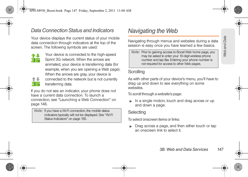 Data connection status and indicators, Navigating the web | Samsung SPH-M930ZKABST User Manual | Page 161 / 227