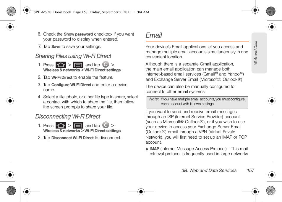 Sharing files using wi-fi direct, Disconnecting wi-fi direct, Email | Samsung SPH-M930ZKABST User Manual | Page 171 / 227