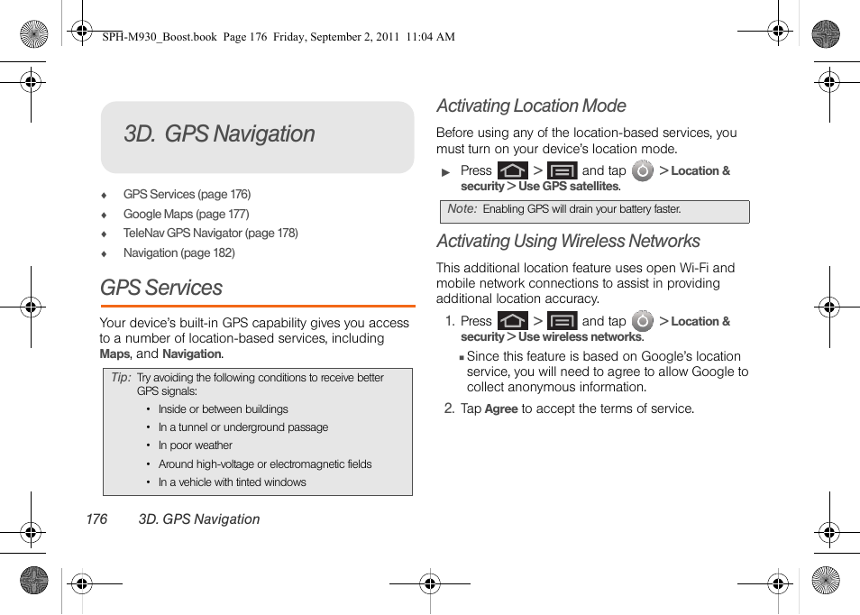 3d. gps navigation, Gps services, Activating location mode | Activating using wireless networks | Samsung SPH-M930ZKABST User Manual | Page 190 / 227