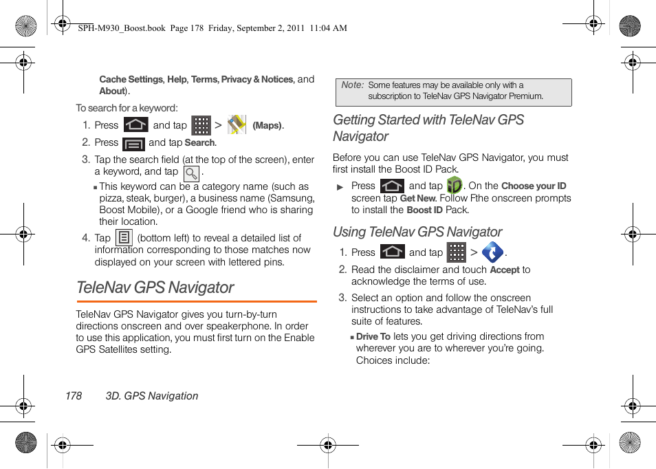 Telenav gps navigator, Getting started with telenav gps navigator, Using telenav gps navigator | Samsung SPH-M930ZKABST User Manual | Page 192 / 227