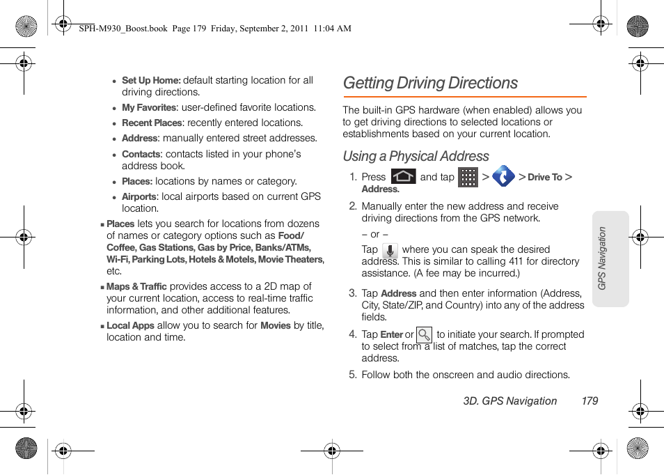 Getting driving directions, Using a physical address | Samsung SPH-M930ZKABST User Manual | Page 193 / 227