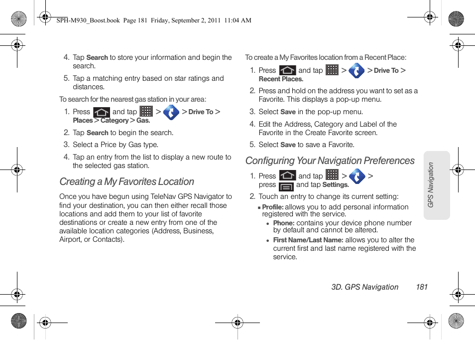 Creating a my favorites location, Configuring your navigation preferences | Samsung SPH-M930ZKABST User Manual | Page 195 / 227