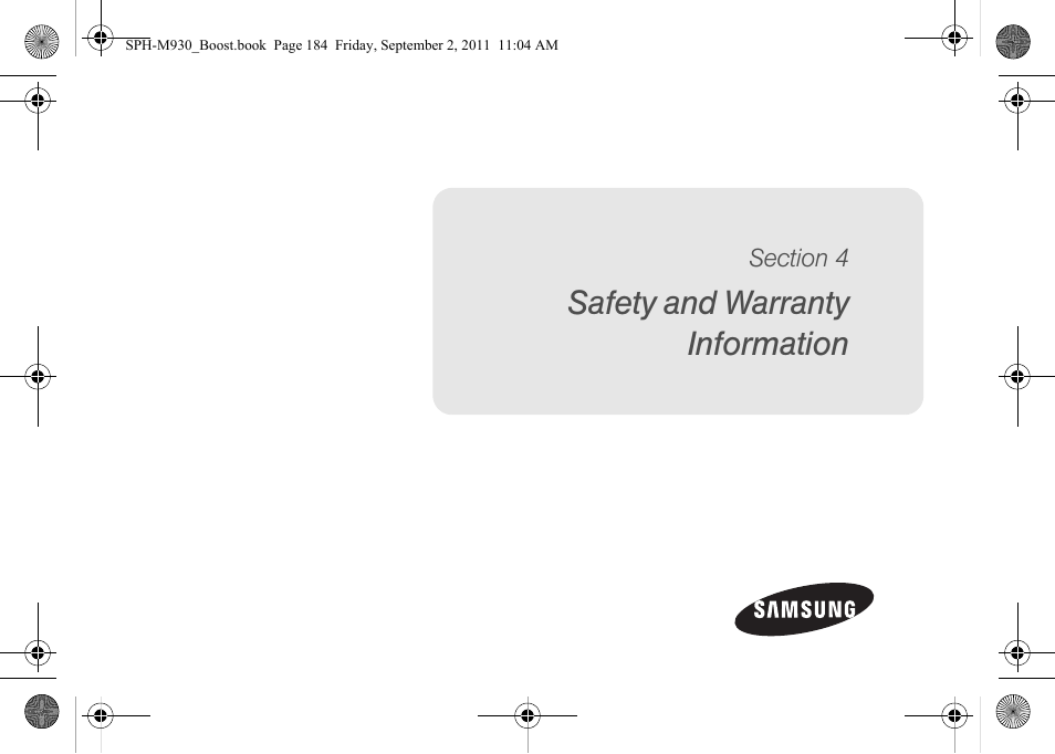 Safety and warranty information, Section 4: safety and warranty information 184 | Samsung SPH-M930ZKABST User Manual | Page 198 / 227