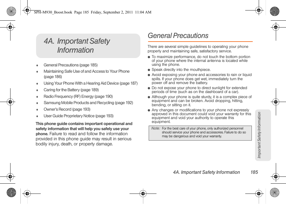 4a. important safety information, General precautions | Samsung SPH-M930ZKABST User Manual | Page 199 / 227