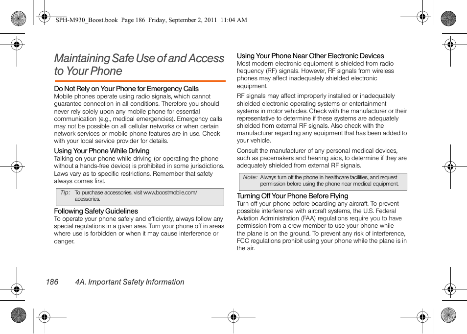 Maintaining safe use of and access to your phone, Maintaining safe use of and access to, Your phone | Samsung SPH-M930ZKABST User Manual | Page 200 / 227
