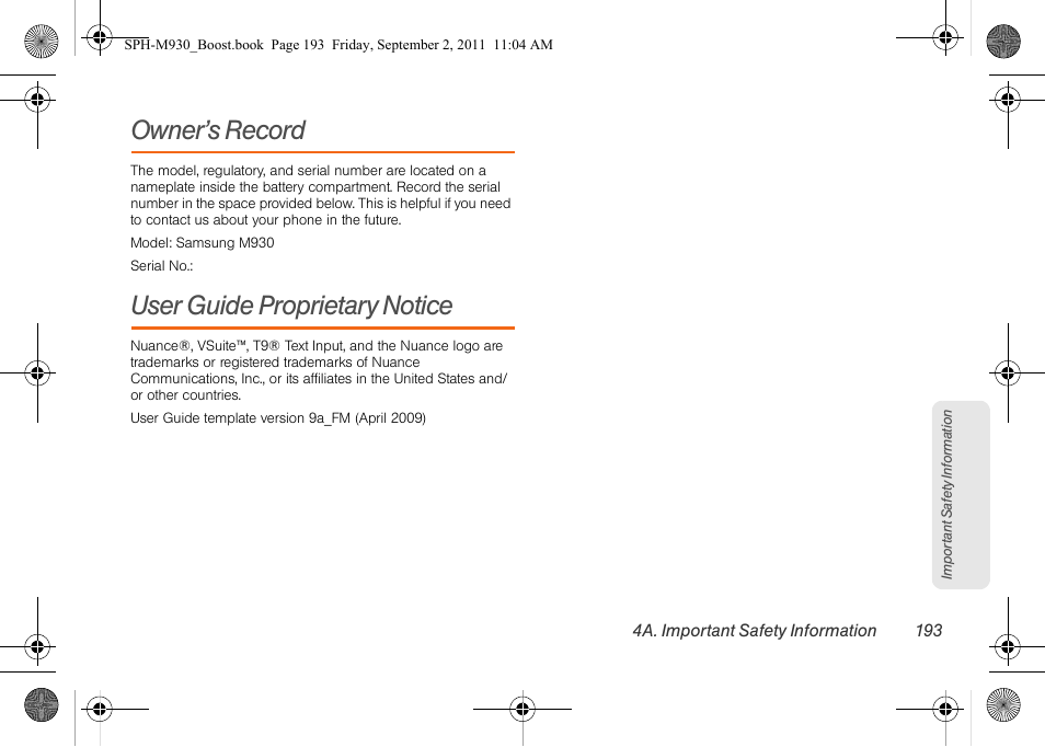 Owner’s record, User guide proprietary notice | Samsung SPH-M930ZKABST User Manual | Page 207 / 227