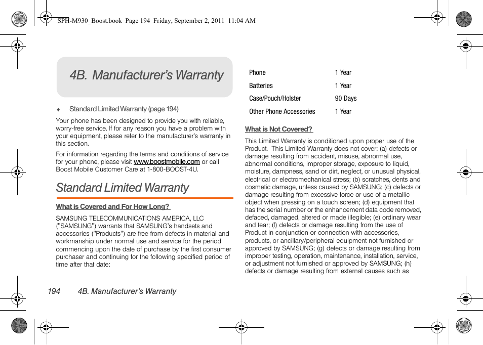 4b. manufacturer’s warranty, Standard limited warranty | Samsung SPH-M930ZKABST User Manual | Page 208 / 227