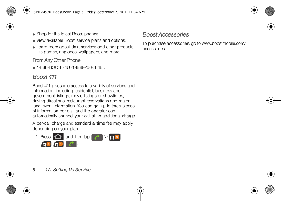 Boost 411, Boost accessories | Samsung SPH-M930ZKABST User Manual | Page 22 / 227