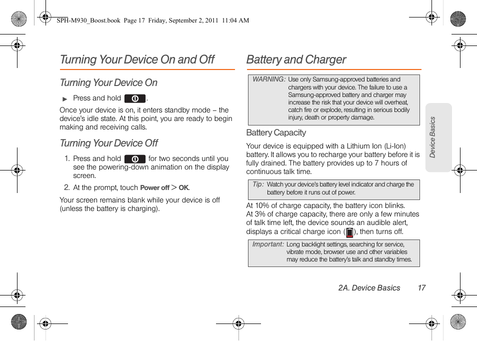 Turning your device on and off, Turning your device on, Turning your device off | Battery and charger | Samsung SPH-M930ZKABST User Manual | Page 31 / 227