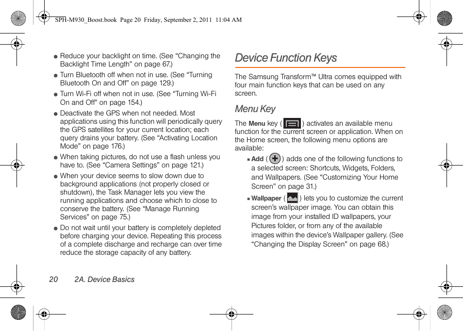 Device function keys, Menu key | Samsung SPH-M930ZKABST User Manual | Page 34 / 227