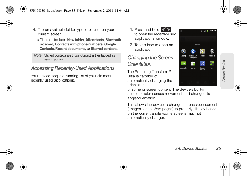 Accessing recently-used applications, Changing the screen orientation | Samsung SPH-M930ZKABST User Manual | Page 49 / 227