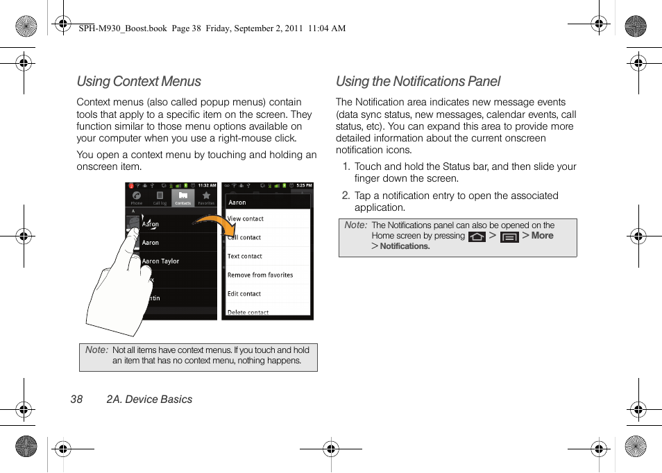 Using context menus, Using the notifications panel | Samsung SPH-M930ZKABST User Manual | Page 52 / 227