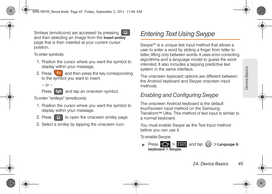 Entering text using swype, Enabling and configuring swype | Samsung SPH-M930ZKABST User Manual | Page 59 / 227