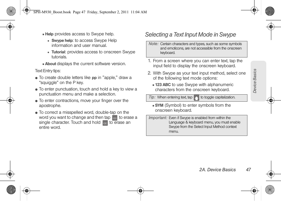 Selecting a text input mode in swype | Samsung SPH-M930ZKABST User Manual | Page 61 / 227