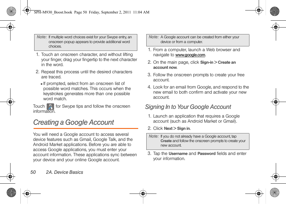 Creating a google account, Signing in to your google account | Samsung SPH-M930ZKABST User Manual | Page 64 / 227