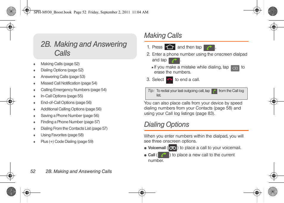 2b. making and answering calls, Making calls, Dialing options | Samsung SPH-M930ZKABST User Manual | Page 66 / 227