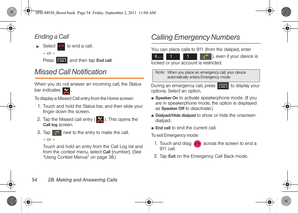 Ending a call, Missed call notification, Calling emergency numbers | Samsung SPH-M930ZKABST User Manual | Page 68 / 227