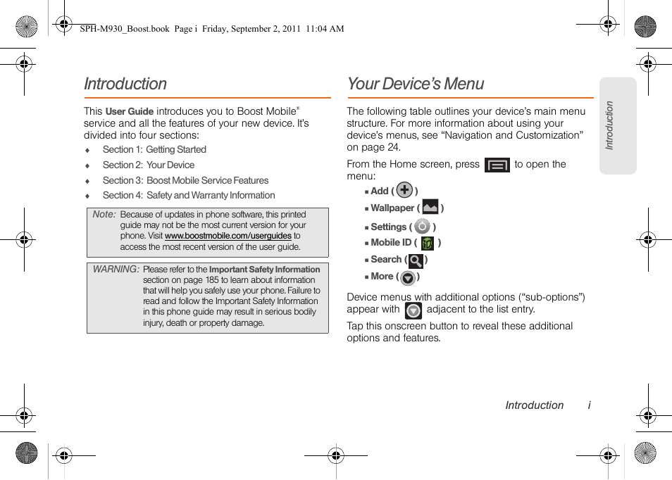 Introduction, Your device’s menu | Samsung SPH-M930ZKABST User Manual | Page 7 / 227
