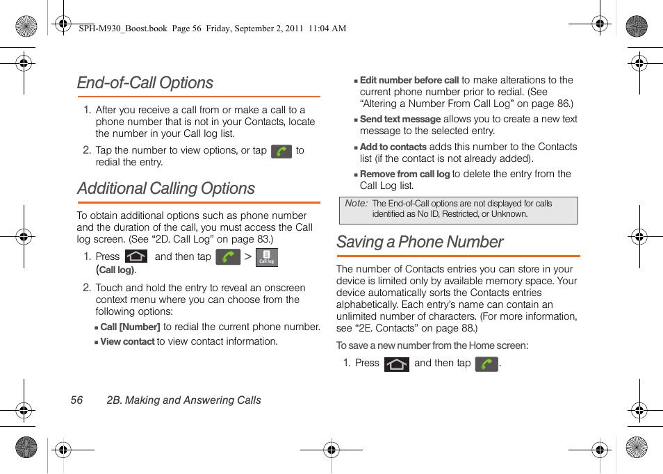 End-of-call options, Additional calling options, Saving a phone number | Samsung SPH-M930ZKABST User Manual | Page 70 / 227