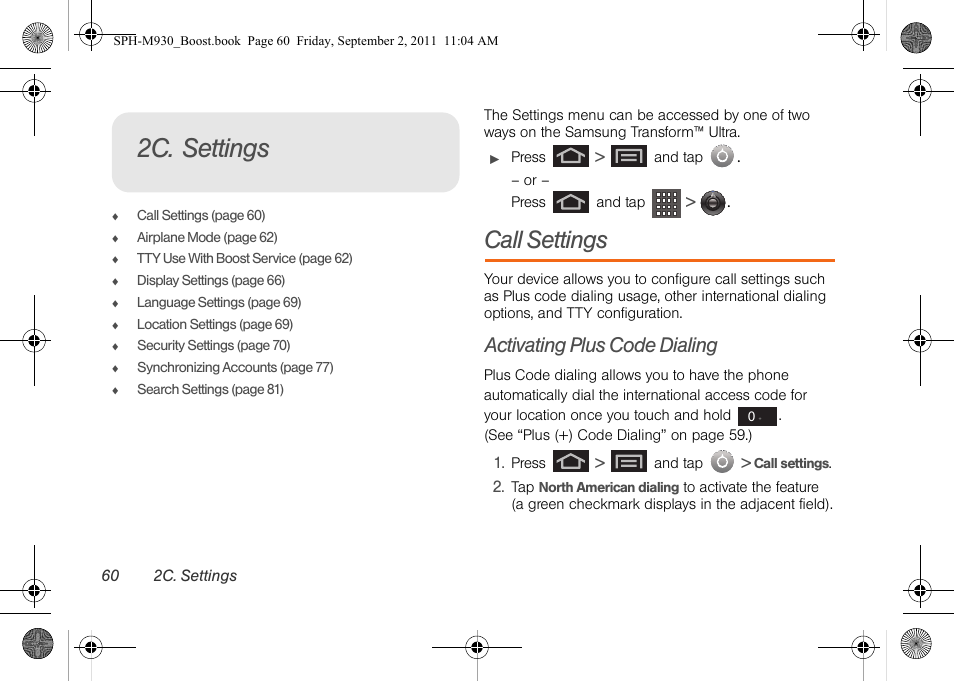 2c. settings, Call settings, Activating plus code dialing | Samsung SPH-M930ZKABST User Manual | Page 74 / 227