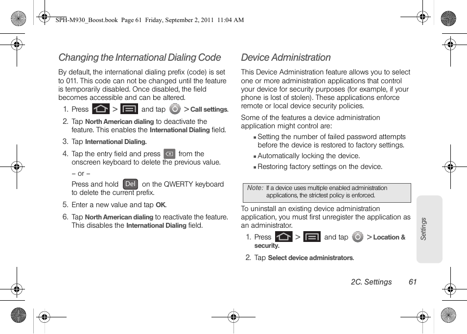 Changing the international dialing code, Device administration | Samsung SPH-M930ZKABST User Manual | Page 75 / 227