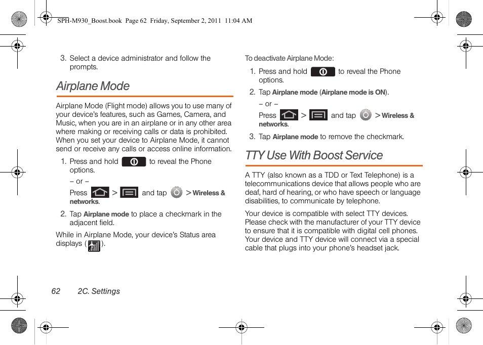 Airplane mode, Tty use with boost service | Samsung SPH-M930ZKABST User Manual | Page 76 / 227