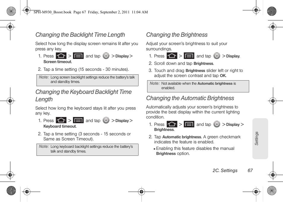 Changing the backlight time length, Changing the keyboard backlight time length, Changing the brightness | Changing the automatic brightness | Samsung SPH-M930ZKABST User Manual | Page 81 / 227