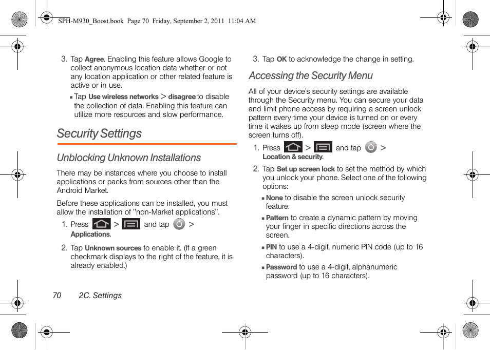 Security settings, Unblocking unknown installations, Accessing the security menu | Samsung SPH-M930ZKABST User Manual | Page 84 / 227