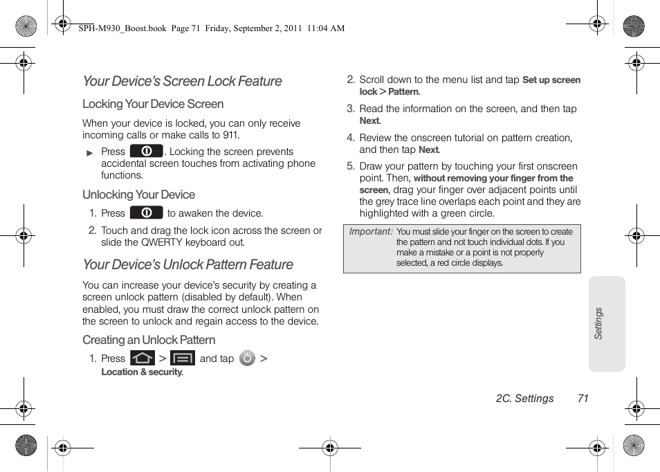 Your device’s screen lock feature, Your device’s unlock pattern feature | Samsung SPH-M930ZKABST User Manual | Page 85 / 227
