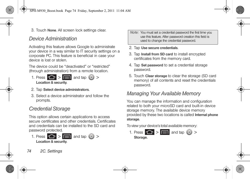 Device administration, Credential storage, Managing your available memory | Samsung SPH-M930ZKABST User Manual | Page 88 / 227