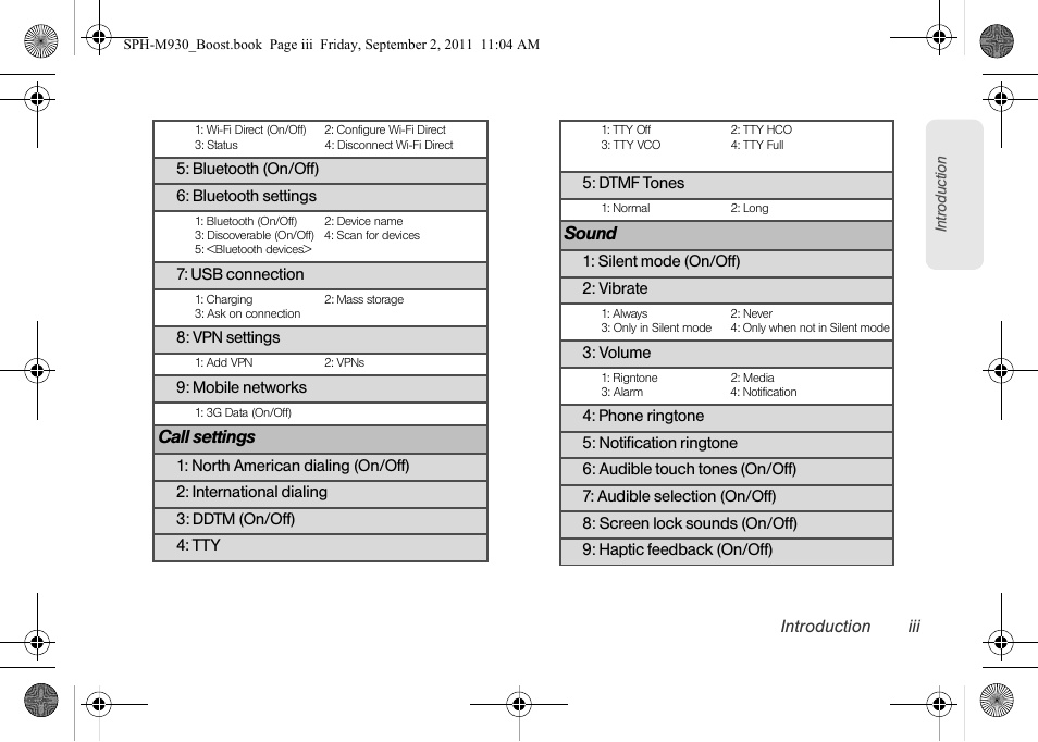 Call settings, Sound | Samsung SPH-M930ZKABST User Manual | Page 9 / 227