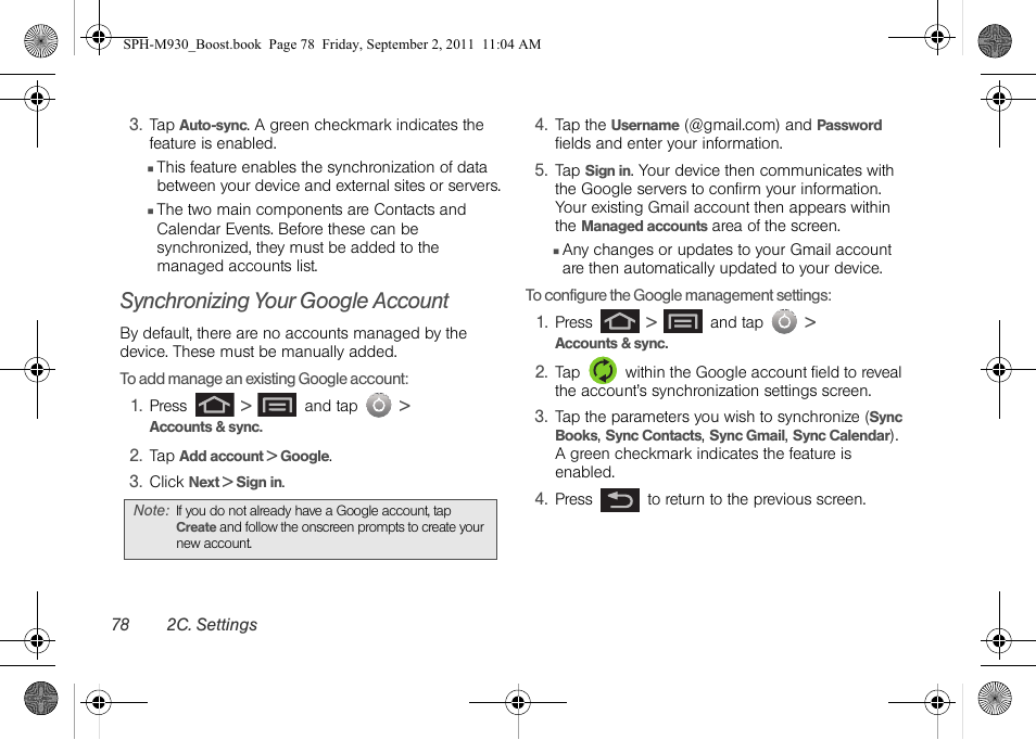 Synchronizing your google account | Samsung SPH-M930ZKABST User Manual | Page 92 / 227