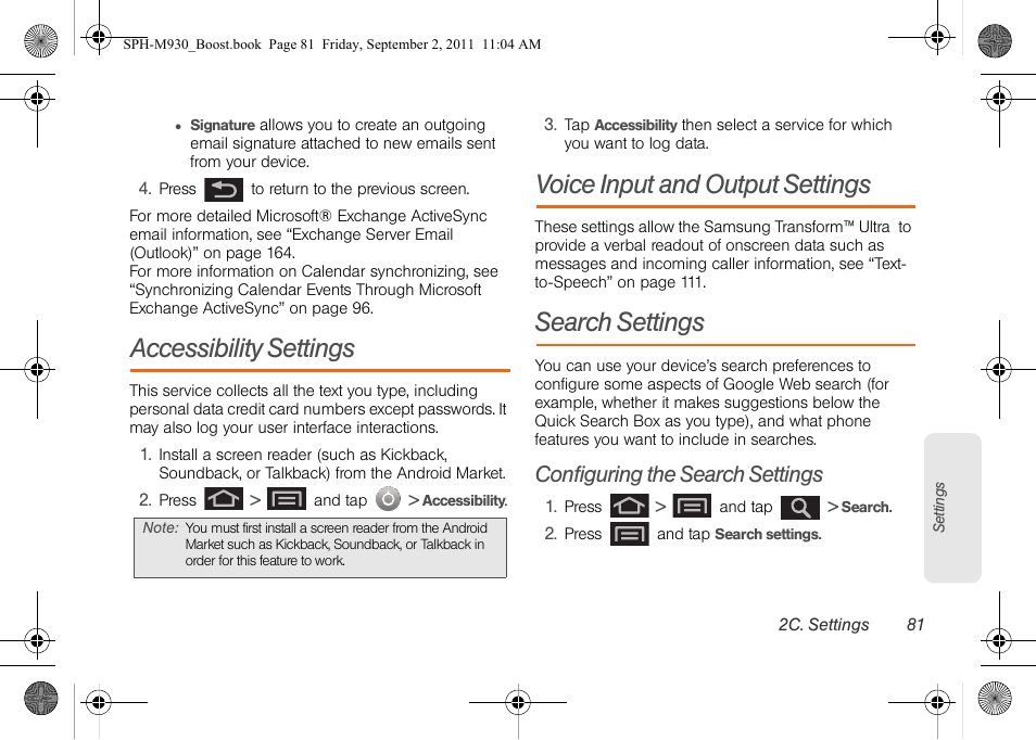 Accessibility settings, Voice input and output settings, Search settings | Configuring the search settings | Samsung SPH-M930ZKABST User Manual | Page 95 / 227