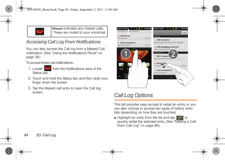 Accessing call log from notifications, Call log options | Samsung SPH-M930ZKABST User Manual | Page 98 / 227